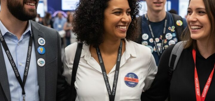 Personen mit Namensschilder auf Veranstaltung