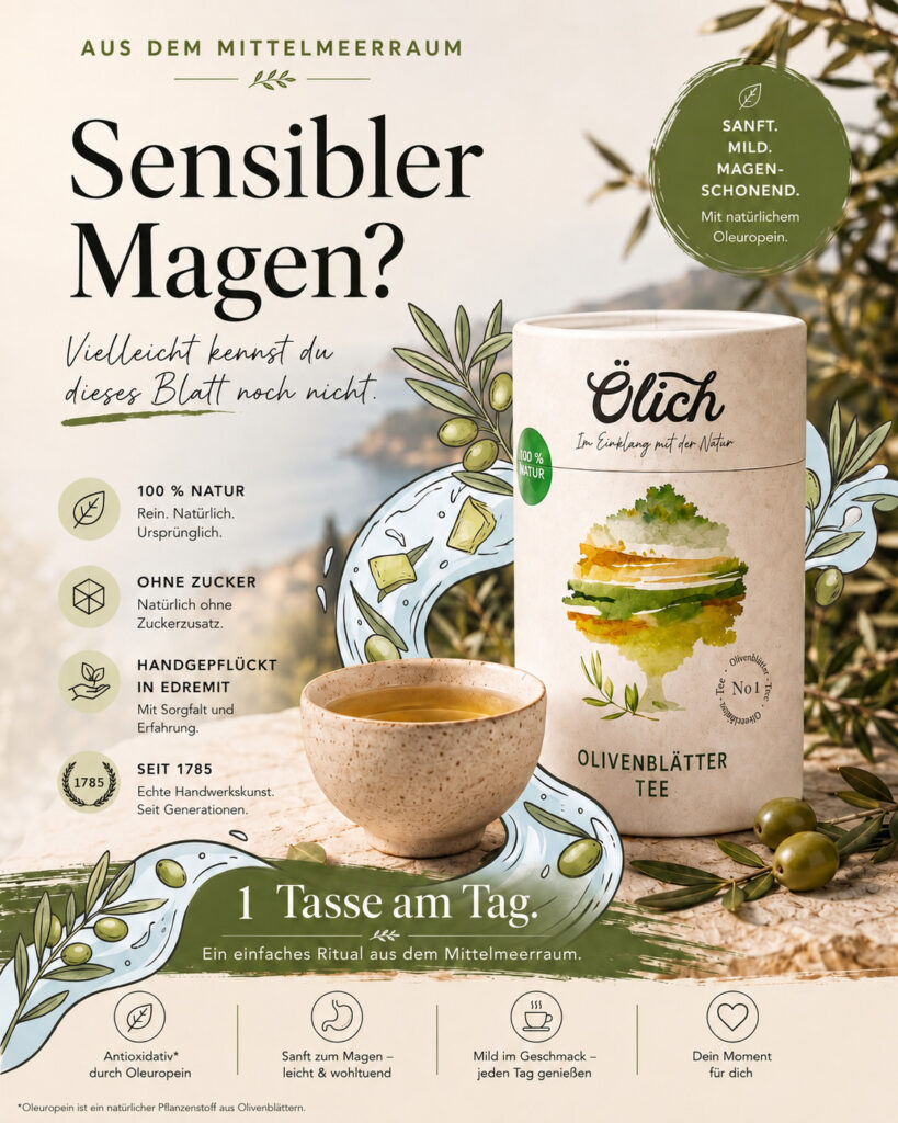 Olivenblättertee von Ölich Packung und Tasse, Beschriftung und Infos